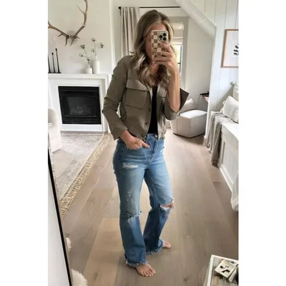 Women's Army Green Military Safari Cropped Jackets Button Down Lightweight - Picture 4 of 6